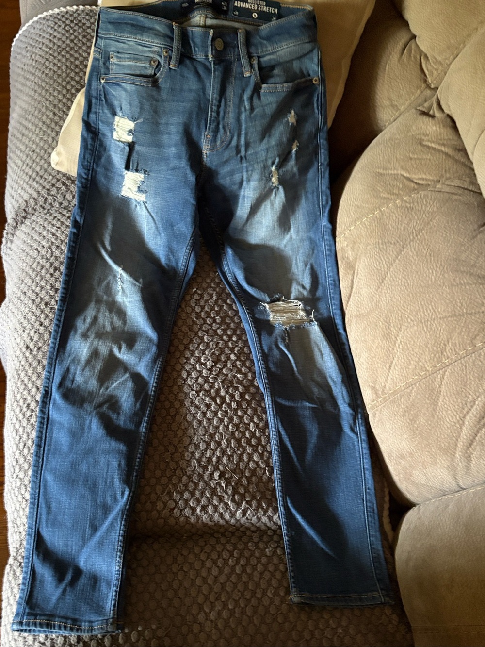 Hollister Men's Ripped Medium Blue Skinny Jeans